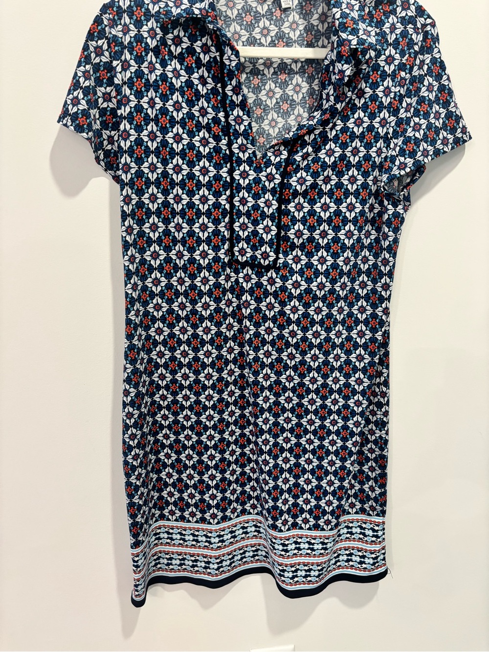 Max Studio NWOT Navy Geometric Print Polo Dress with Coral Accents